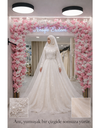 Taşlı Glitter A Kesim Tesettür Gelinlik