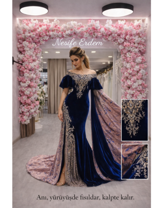Lacivert Kadife Açık Kaftan