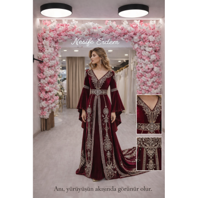 Bordo Kadife Açık Kaftanda Sessiz İhtişamın Akışı