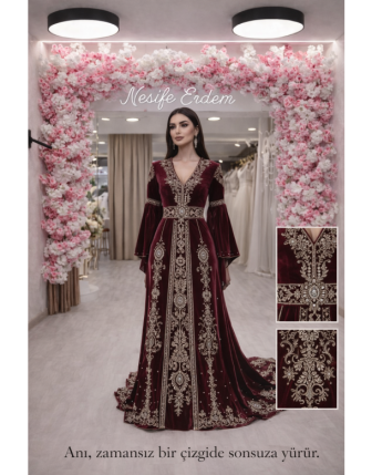 Bordo Kadife Osmanlı Açık Kaftan – Ön Nakışlı Kuyruklu Tasarım