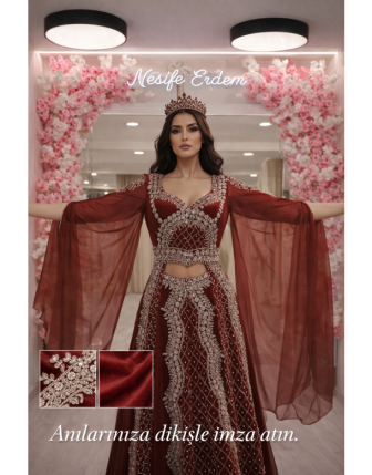 Bordo Kadife Transparan Detaylı Açık Kaftan