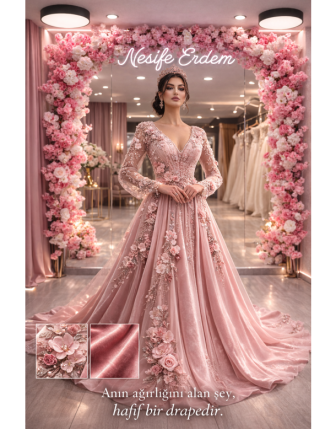 Pembe Kadife Degrade Açık Kaftan – Üç Boyutlu Çiçek İşlemeli