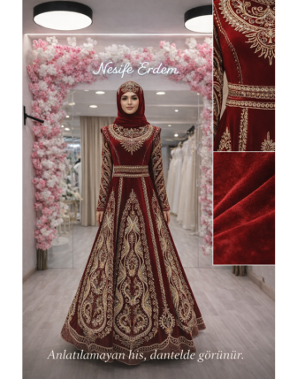 Kırmızı Kadife Tesettürlü Kaftan – A Kesim Sessiz İhtişam