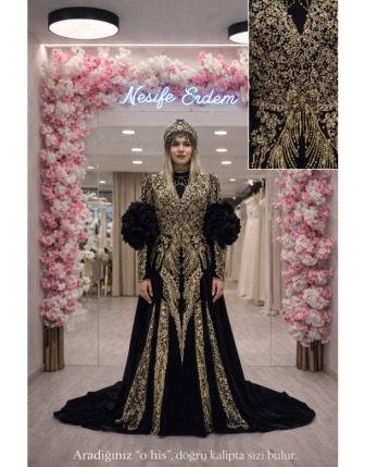 Lacivert Kadife Tesettürlü Kuyruklu Kaftan