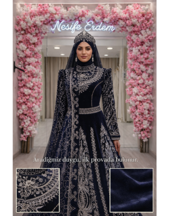 Lacivert Kadife Tesettürlü Osmanlı Kaftan