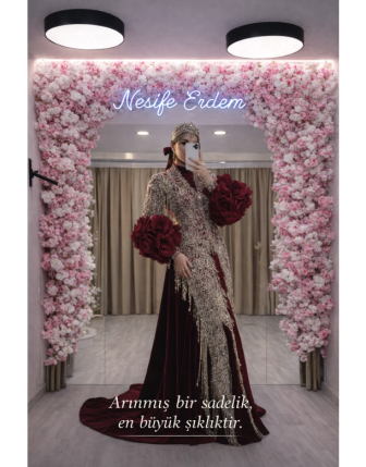 Bordo Kadife Kuyruklu Couture Tesettürlü Kaftan
