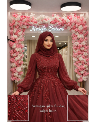 Bordo Şifon Osmanlı Model Tesettürlü Kınalık