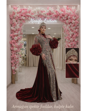 Bordo Kadife Tesettürlü Kaftan – Uzun Kuyruklu Balık Silüet
