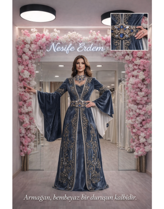 Antrasit Derin Kadife Kemerli Açık Bindallı Kaftan