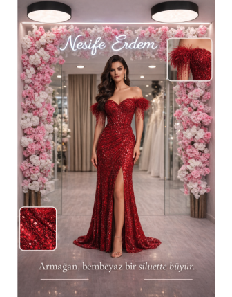 Kırmızı Jakar Desenli Dar Kesim Açık Kınalık Modeli
