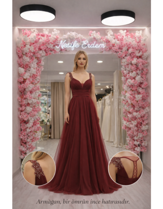 Bordo Helen Açık Kınalık – Empire Bel Katlı Tül Omuz Taşlı Model