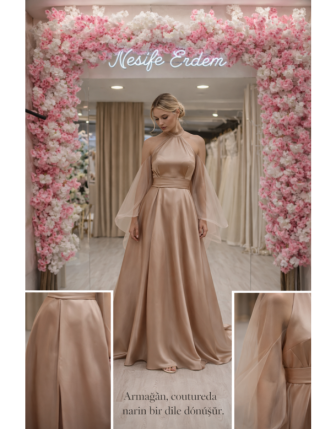Bronz Koton Saten Korsajlı Açık Kınalık – Transparan Yarasa Kollu Couture Tasarım