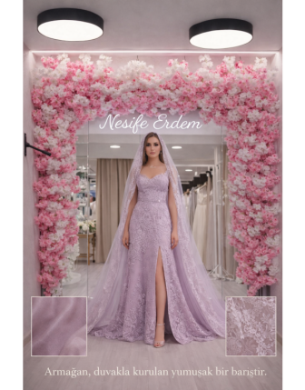 Armağan Vintage Soft Leylak A Kesim Açık Kınalık | Brokar Dokulu Couture Tasarım
