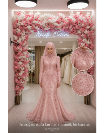 Pembe Dantelli Tesettürlü Balık Model Kınalık | Mat Saten Couture Zarafeti