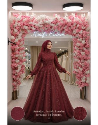 Tesettürlü Bordo A Kesim İşlemeli Kınalık | Jakar Desenli Boncuk İşlemeli Couture Tasarım