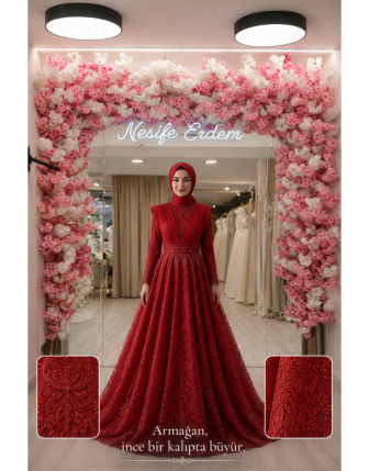 Armağan | Tesettürlü Kaburga Detaylı Kırmızı A Kesim Kınalık | Jakar Desenli Boncuk İşlemeli Couture Tasarım