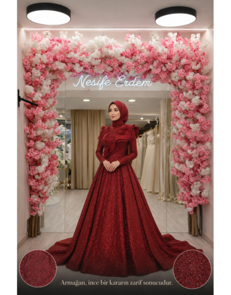 Armağan Bordo Tesettürlü Kuyruklu Kınalık | Jakar Desenli Boncuk İşlemeli Couture Tasarım