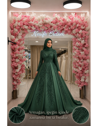 Zümrüt Yeşili Tesettürlü A Kesim Kınalık | Amerikan Saten ve Boncuk İşlemeli Couture Tasarım