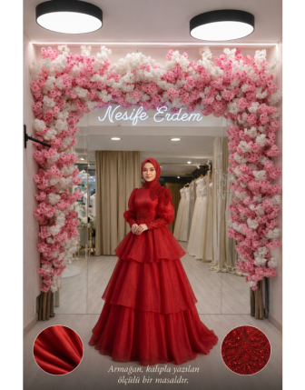 Tesettürlü Kırmızı Anjelika A Kesim Kınalık – Drapeli Bel ve Balon Kollu Couture Tasarım