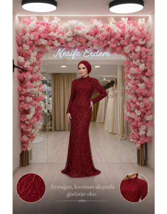 Tesettürlü Bordo Balık Kınalık | Yüksek Yaka Ful Payet Couture Tasarım