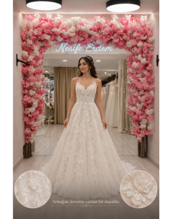 A Kesim Fildişi Açık Nikah Gelinliği – 3D Çiçek Aplikeli Hafif Tül