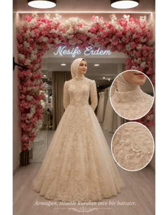 Krem Soft Payet Işıltılı All-Over Nakışlı Hakim Yaka Tesettürlü Nikahlık