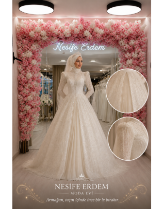 Simli Taşlı Tesettürlü Nikâhlık – Plise Detaylı Couture