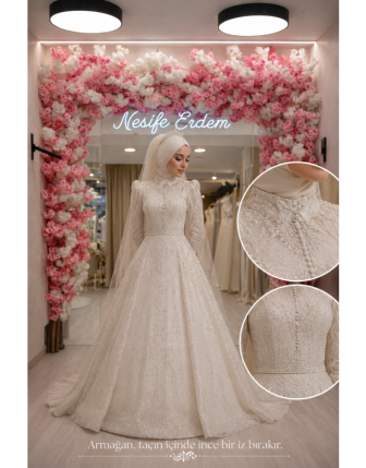 Tesettürlü Kırık Beyaz Simli Couture Nikâhlık – A Line
