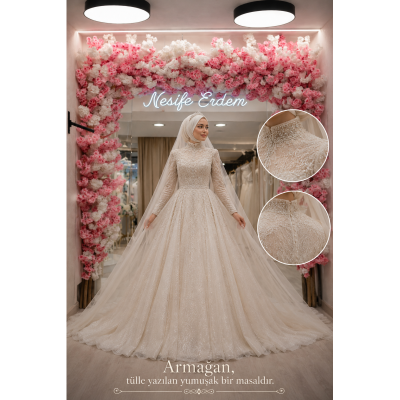 Armağan | Kırık Beyaz Simli Tesettürlü Nikâhlık – A-Line Couture Gelinlik