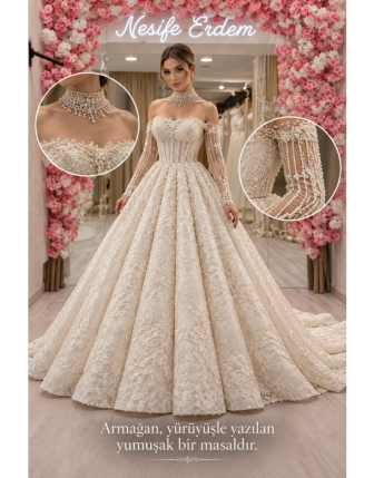 Armağan – Kırık Beyaz İşlemeli A Kesim Couture Gelinlik