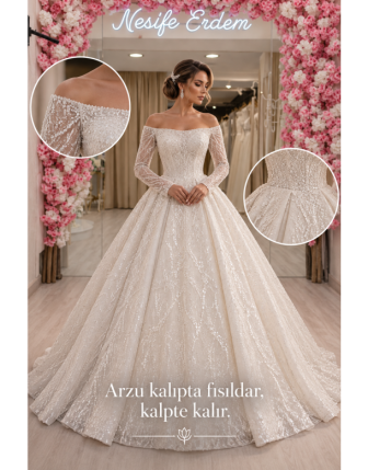 Açık Omuzlu All-Over İşlemeli Prenses Gelinlik