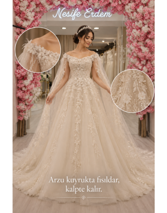 Kırık Beyaz Pelerinli İşlemeli Couture Gelinlik