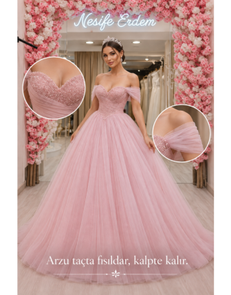 Toz Pembe Tül Couture Gelinlik