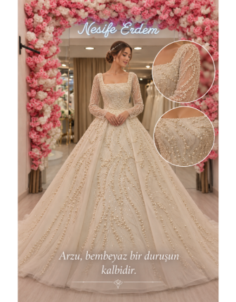 Bembeyaz Zarafet — Transparan Kollu Kare Yaka Couture Gelinlik