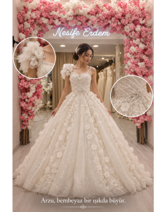 Arzu | Üç Boyutlu Çiçekli Simli Kayık Yaka Couture Gelinlik