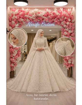 Kırık Beyaz Tesettür Prenses Gelinlik – Yoğun İşlemeli Couture