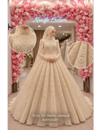 Tesettür A Kesim Kırık Beyaz Komple Dantel Couture Gelinlik