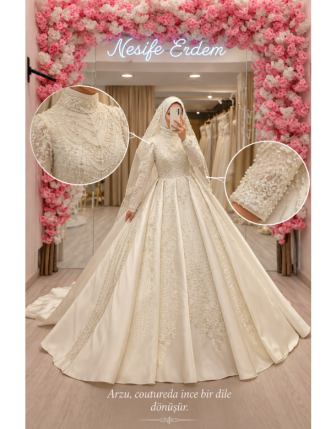 Tesettürlü Kırık Beyaz Saten A Kesim Kuyruklu Gelinlik | İnci ve Dantel İşlemeli Couture Tasarım