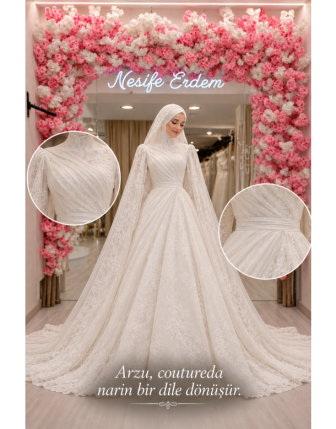 Kırık Beyaz Dantel Tesettür Gelinlik | A Kesim Couture