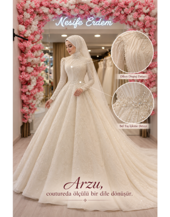Nesife Erdem Arzu – Kırık Beyaz, Dikey Drapajlı ve Taş İşlemeli Tesettür Couture Gelinlik