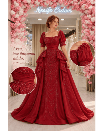 Bordo Mikado Açık Kınalık | İşlemeli Trumpet Couture Model