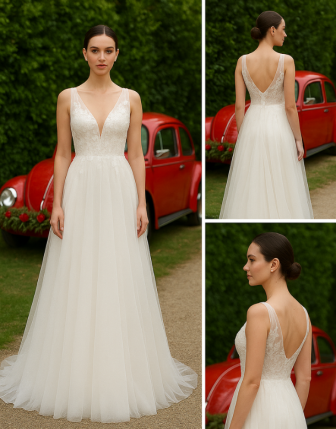 Askılı V Yaka A Kesim Sade Gelinlik Modeli – 2025 Koleksiyonu