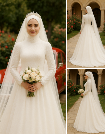 Dantelli A Kesim Tesettür Gelinlik – 2025 Sezonu | Duvak ve Taç Detaylı