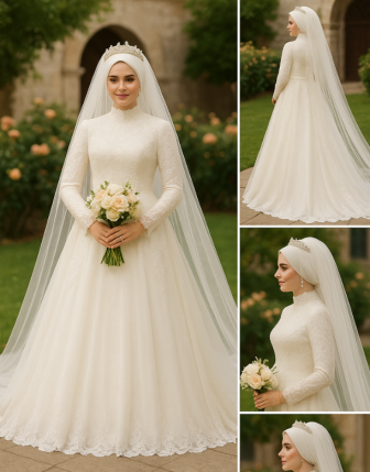 Fransız Dantelli Yüksek Yaka A Kesim Tesettür Gelinlik – 2025 Yeni Sezon