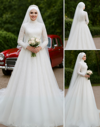 Fransız Dantel Bordürlü A Kesim Tesettür Gelinlik – 2025 Yeni Sezon