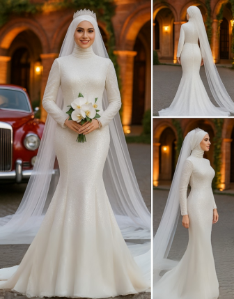 Simli Kumaş Tesettür Balık Gelinlik – 2025 Yeni Sezon | Taç & Duvaklı