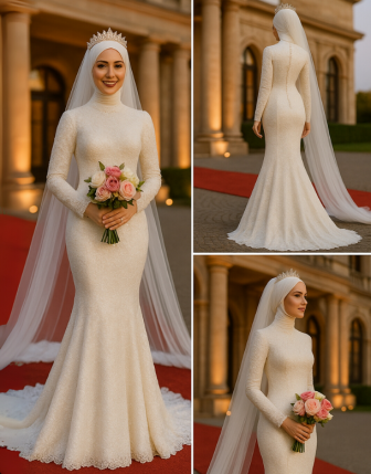 Fransız Dantelli Düğme Detaylı Tesettür Balık Gelinlik – 2025 Yeni Sezon