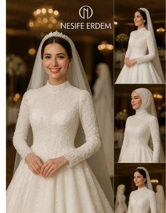 2025 Yüksek Yaka Dantelli Tesettür Prenses Gelinlik