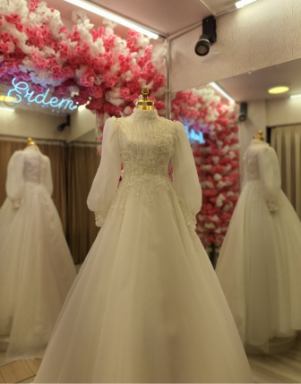 Balon Kollu Yüksek Yaka Tesettürlü A Kesim Gelinlik