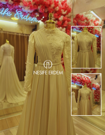 Krem Minimal Tesettürlü Nikah Elbisesi